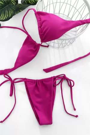 Kadın Fuşya Yandan Bağlamalı Tangalı Üçgen Bikini Mayo Takımı