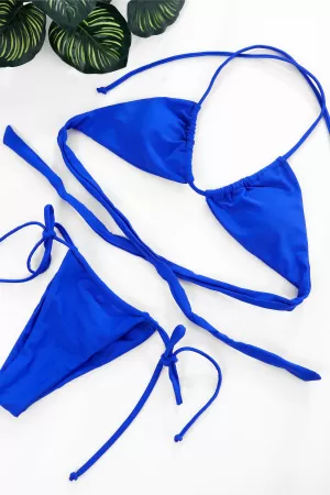 Kadın Mavi Yandan Bağlamalı Tangalı Üçgen Bikini Mayo Takımı