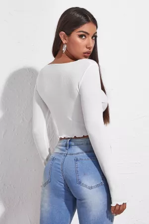 Kadın Beyaz Uzun Kollu Büzdürme Bağcık Detaylı Crop Top Bluz