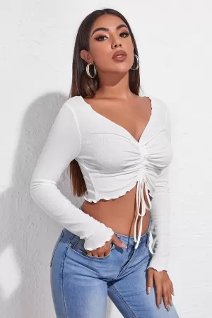 Kadın Beyaz Uzun Kollu Büzdürme Bağcık Detaylı Crop Top Bluz