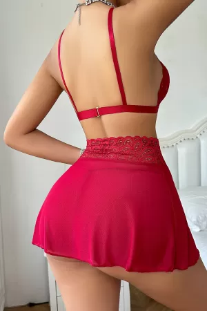 Kadın Kırmızı Göğsü ve Beli Dantel Detaylı Etekli Takım