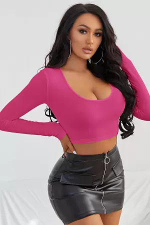 Kadın Fuşya Uzun Kol Kare Yaka Crop Top Bluz