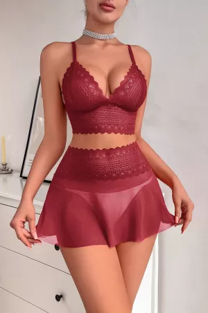 Kadın Bordo Dantel ve Tül Detaylı Etekli Şık Gecelik Takımı