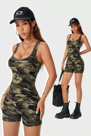 Kadın Kamuflaj Desenli Kalın Askılı Şortlu Tulum Gecelik