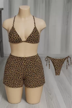 Kadın 3'lü Set Leopar Desenli Şortlu ve Yandan Bağlamalı Bikini Mayo Takımı
