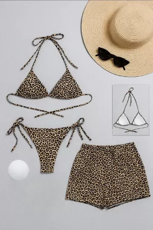 Kadın 3'lü Set Leopar Desenli Şortlu ve Yandan Bağlamalı Bikini Mayo Takımı