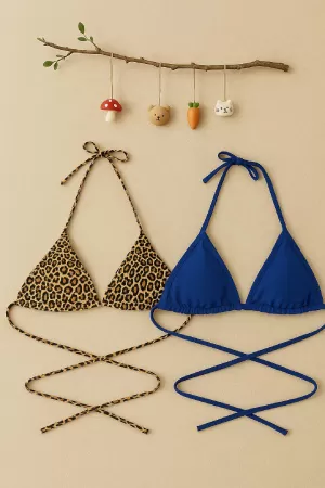Kadın Leopar Desenli ve Mavi Minimal Kesim Üçgen Bikini Üstü