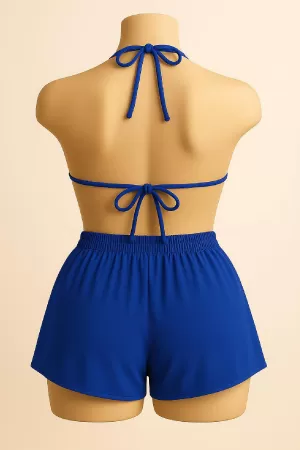 Kadın Mavi Şortlu Belden ve Boyundan Bağlamalı Bikini Takımı