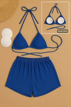 Kadın Mavi Şortlu Belden ve Boyundan Bağlamalı Bikini Takımı