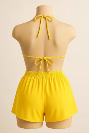 Kadın Sarı Şortlu Belden ve Boyundan Bağlamalı Bikini Takımı