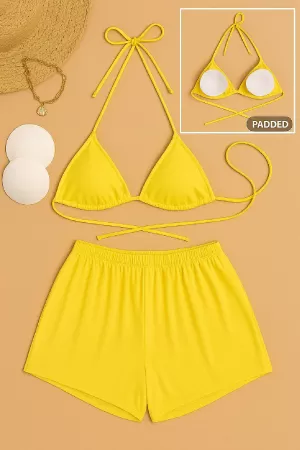 Kadın Sarı Şortlu Belden ve Boyundan Bağlamalı Bikini Takımı