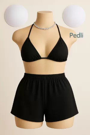 Kadın Siyah Şortlu Belden ve Boyundan Bağlamalı Bikini Takımı