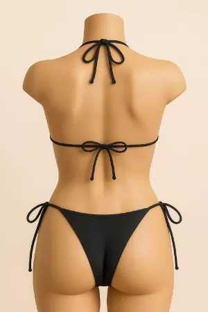 Kadın Siyah Yandan ve Boyundan Bağlamalı Bikini Mayo Takımı