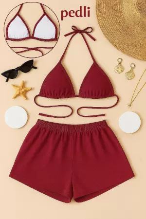 Kadın Bordo Şortlu Belden ve Boyundan Bağlamalı Bikini Takımı