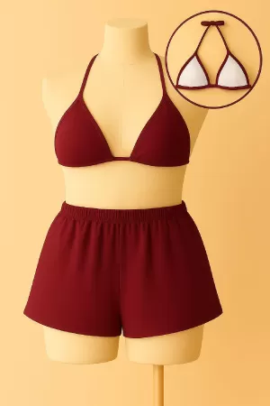Kadın Bordo Şortlu Belden ve Boyundan Bağlamalı Bikini Takımı