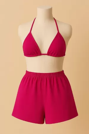 Kadın Fuşya Şortlu Belden ve Boyundan Bağlamalı Bikini Takımı