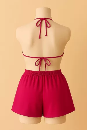 Kadın Fuşya Şortlu Belden ve Boyundan Bağlamalı Bikini Takımı