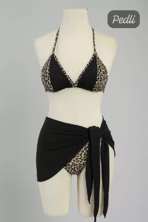Kadın Siyah ve Leopar Desenli Pareolu 3'lü Bikini Takımı