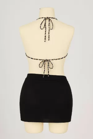 Kadın Siyah ve Leopar Desenli Pareolu 3'lü Bikini Takımı