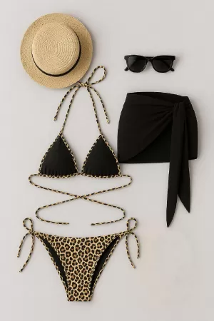 Kadın Siyah ve Leopar Desenli Pareolu 3'lü Bikini Takımı