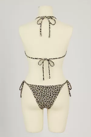 Kadın Siyah ve Leopar Detaylı Yandan Bağlamalı Bikini Takımı