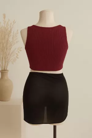 Kadın Bordo Yuvarlak Yaka Crop ve Siyah Pareo 2'li Set