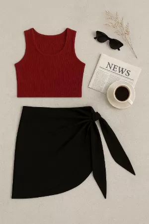 Kadın Bordo Yuvarlak Yaka Crop ve Siyah Pareo 2'li Set