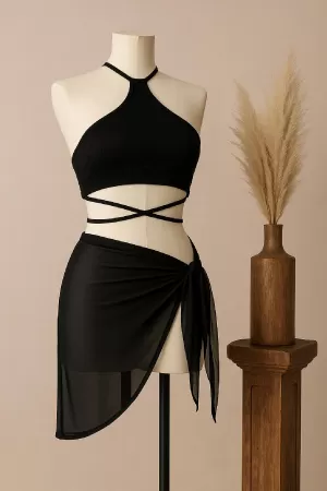 Kadın Siyah Çapraz Bağlamalı Crop ve Pareo 2'li Set