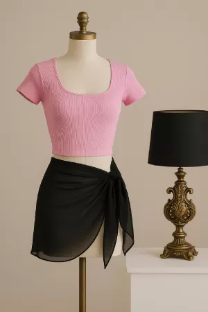 Kadın Pembe Yarım Kol Crop ve Siyah Pareo 2'li Set