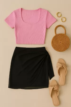 Kadın Pembe Yarım Kol Crop ve Siyah Pareo 2'li Set
