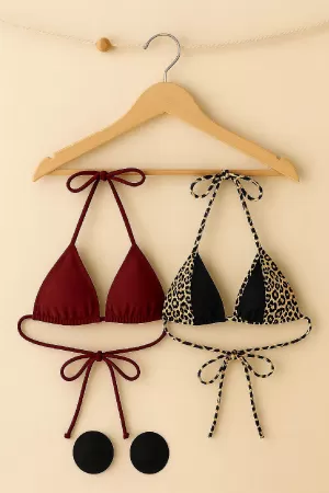 Kadın Leopar Desenli ve Bordo Minimal Kesim Üçgen Bikini Üstü