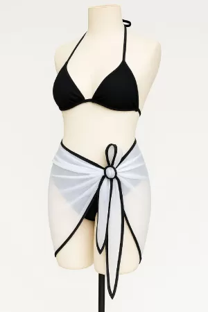 Kadın Siyah Beyaz Pareolu Yandan ve Boyundan Bağlamalı 3'lü Bikini Takımı