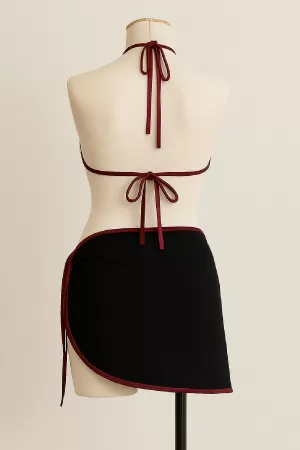 Kadın Bordo Siyah Pareolu Yandan ve Boyundan Bağlamalı 3'lü Bikini Takımı