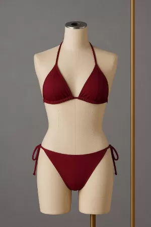 Kadın Bordo Yandan ve Boyundan Bağlamalı Bikini Mayo Takımı