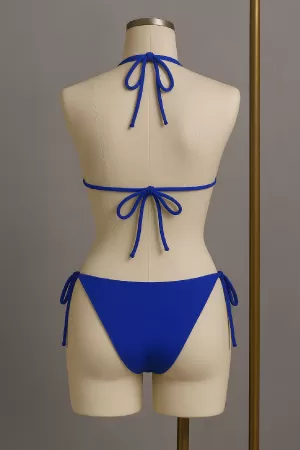 Kadın Mavi Yandan ve Boyundan Bağlamalı Bikini Mayo Takımı