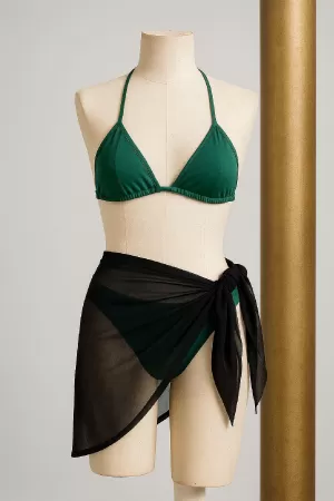 Kadın Yeşil Siyah Pareolu Yandan ve Boyundan Bağlamalı 3'lü Bikini Takımı