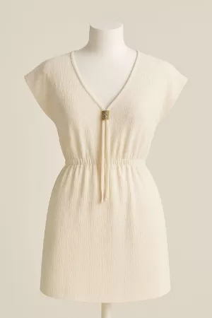 Kadın Beyaz Yanları Yırtmaçlı Tokalı V Yaka Mini Plaj Elbisesi