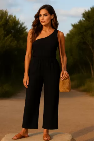 Kadın Siyah Tek Omuzlu Şık Bluz & Geniş Paça Pantolon İkili Takım