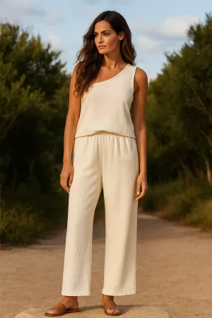 Kadın Beyaz Tek Omuzlu Şık Bluz & Geniş Paça Pantolon İkili Takım