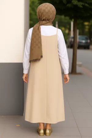 Kadın Taş Rengi Basic Ayarlanabilir Askılı Jile Elbise