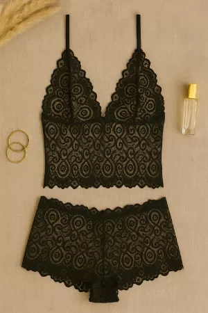 Kadın Siyah Dantel Bralet Şort Takımı – Şık, Zarif ve Feminen İç Giyim
