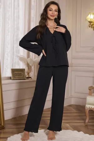 Kadın Siyah Önden Bağlamalı Kolu ve Paçası Fırfır Detaylı Uzun Kollu Pijama Takımı