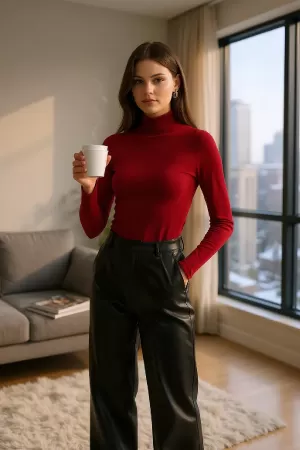 Kadın Bordo Parmak Detaylı Esnek Uzun Kollu Body