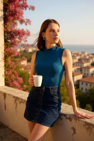 Kadın Mavi Kolsuz Balıkçı Yaka Basic Bluz