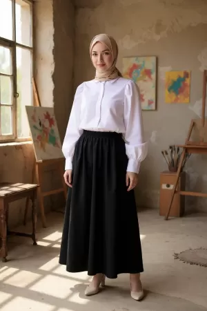 Kadın Siyah Double Kumaş Beli Lastikli Cepli Etek