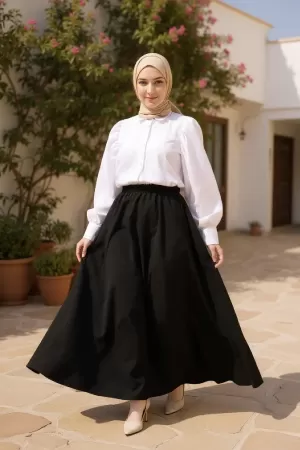 Kadın Siyah Double Kumaş Beli Lastikli Cepli Etek