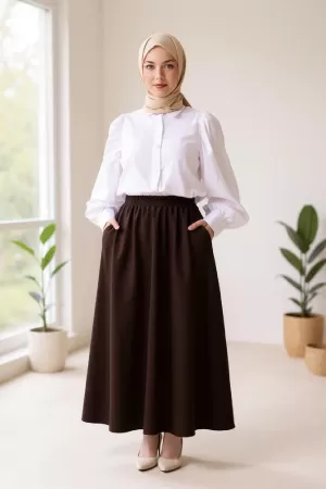 Kadın Kahverengi Double Kumaş Beli Lastikli Cepli Etek