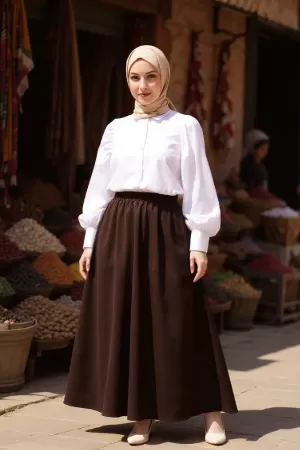 Kadın Kahverengi Double Kumaş Beli Lastikli Cepli Etek