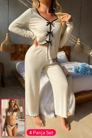 Kadın Beyaz Fiyonklu İç Çamaşırı ve Uzun Kollu V Yaka Pijama Takımı 4'lü Set