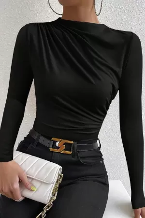Kadın Siyah Belden ve Boyundan Büzgü Detaylı Uzun Kollu Bluz